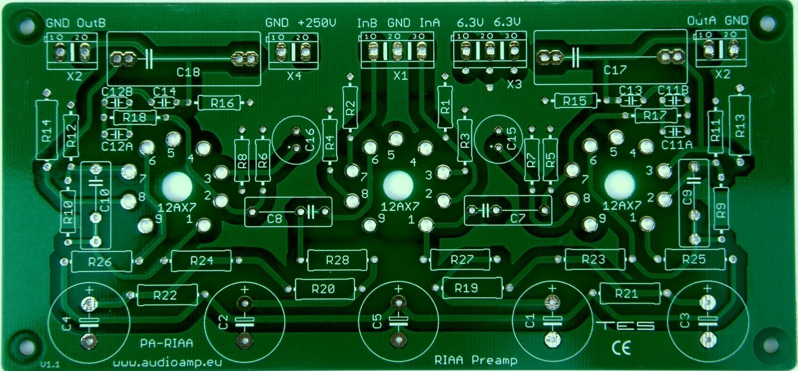 PCB - RIAA Preamplifier, tubes on the parts side TES