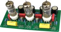 RIAA Phono Preamplifier for magnetic phono cartridge, tubes on the parts side. Dimensions are 162mm x 77mm x 18mm high / 6.4" x 3" x 0.72" high (without tubes)